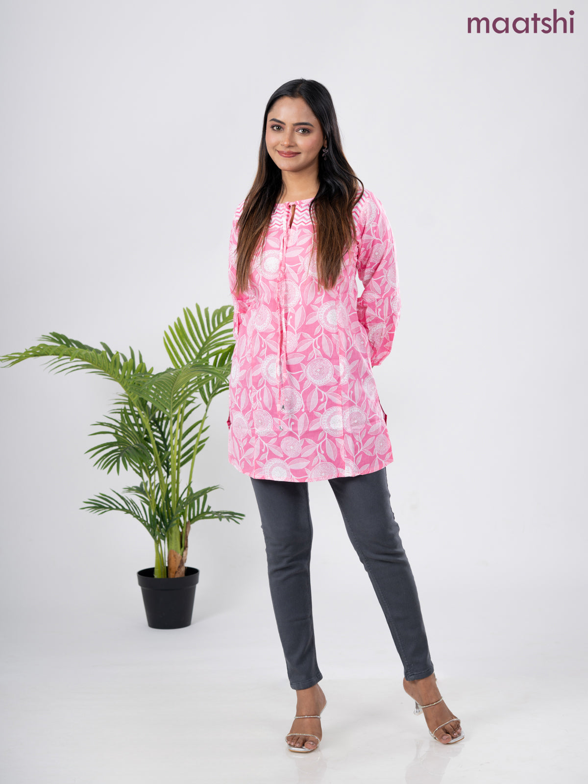 Cotton short kurti pink and off white with allover prints & simple neck pattern without pant