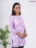 Cotton short kurti lavender and off white with allover prints & simple neck pattern without pant