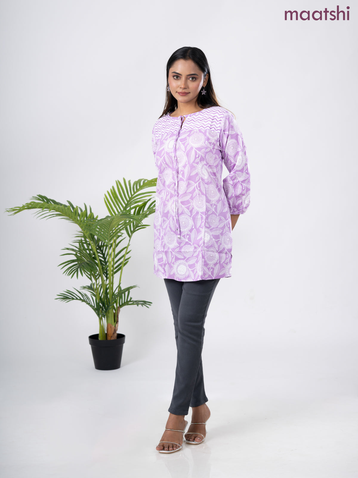 Cotton short kurti lavender and off white with allover prints & simple neck pattern without pant
