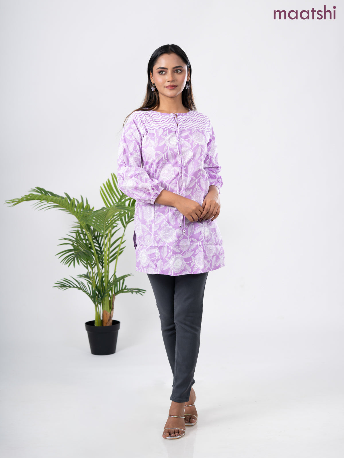 Cotton short kurti lavender and off white with allover prints & simple neck pattern without pant