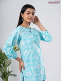 Cotton short kurti light blue and off white with allover prints & simple neck pattern without pant