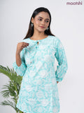 Cotton short kurti teal blue and off white with allover prints & simple neck pattern without pant