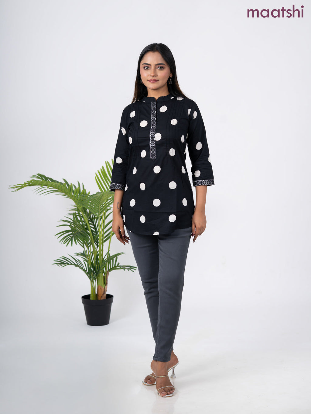 Cotton short kurti black and off white with butta prints & embroidery work neck pattern without pant