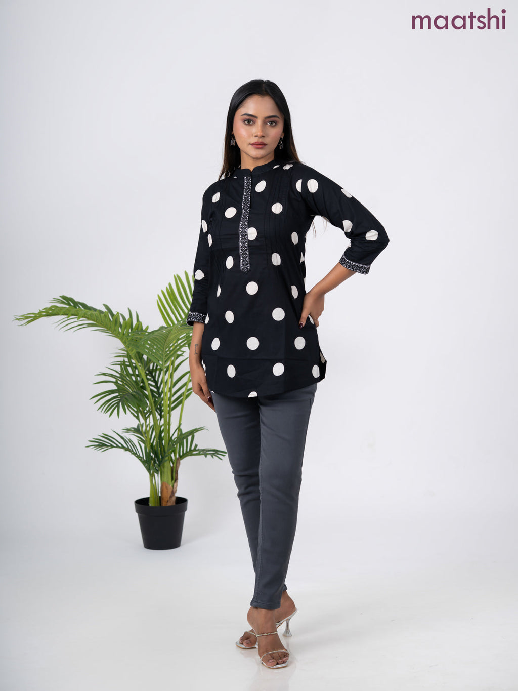Cotton short kurti black and off white with butta prints & embroidery work neck pattern without pant
