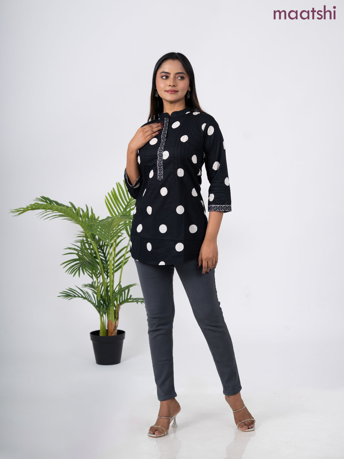 Cotton short kurti black and off white with butta prints & embroidery work neck pattern without pant
