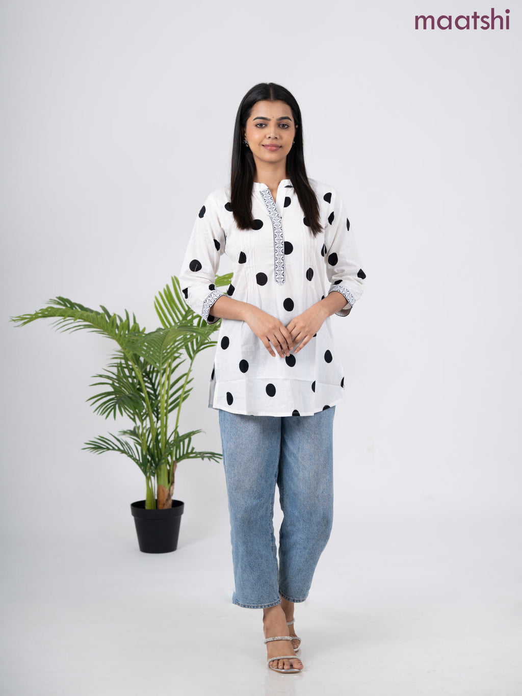 Cotton short kurti off white and black with butta prints & embroidery work neck pattern without pant