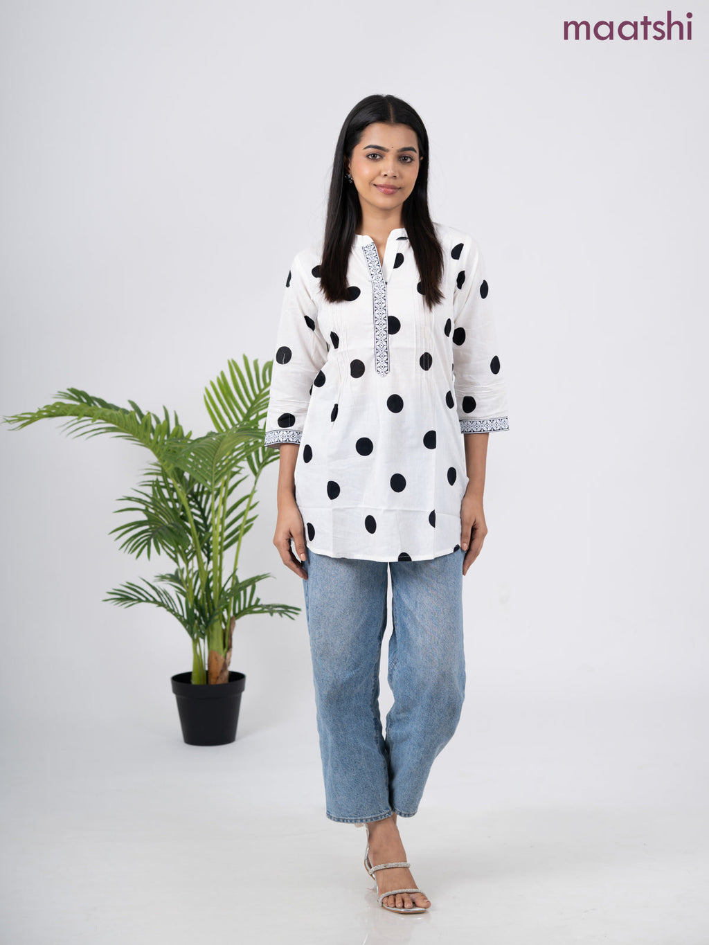 Cotton short kurti off white and black with butta prints & embroidery work neck pattern without pant