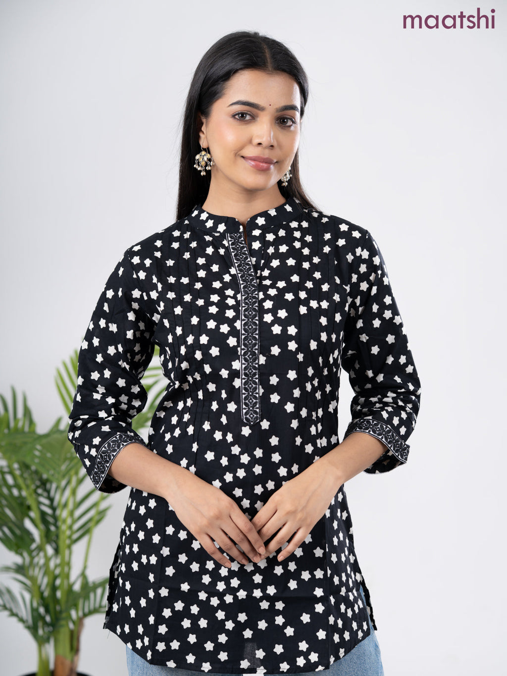 Cotton short kurti black and off white with allover star butta prints & embroidery work neck pattern without pant
