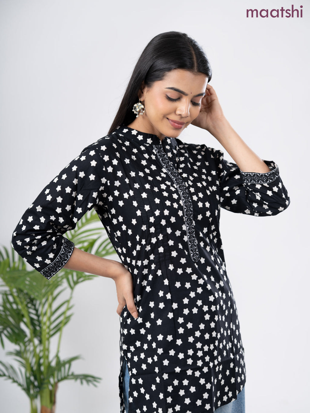 Cotton short kurti black and off white with allover star butta prints & embroidery work neck pattern without pant