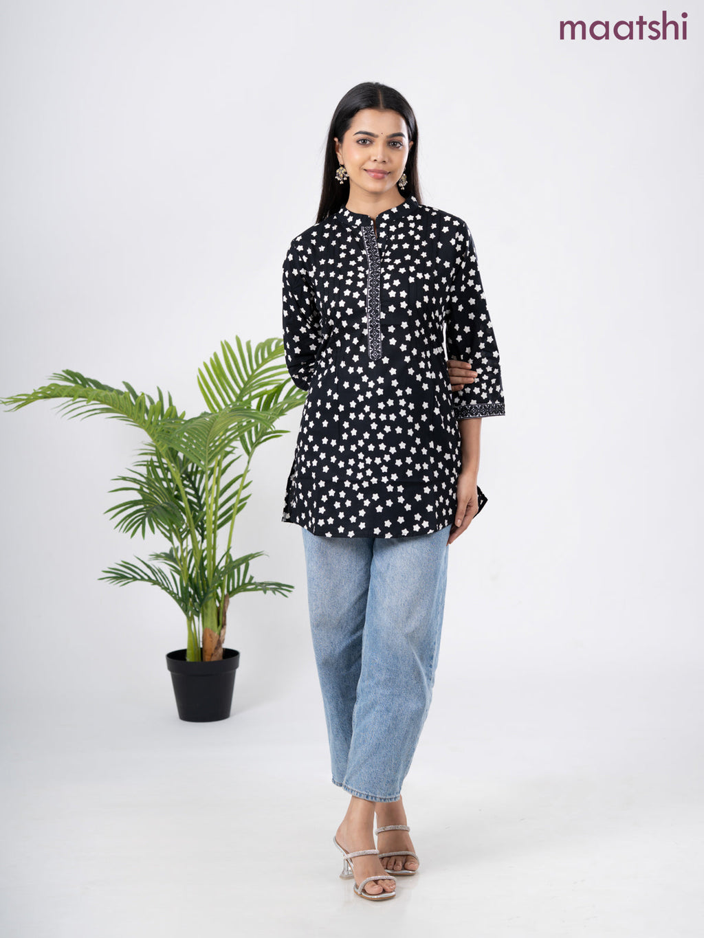 Cotton short kurti black and off white with allover star butta prints & embroidery work neck pattern without pant