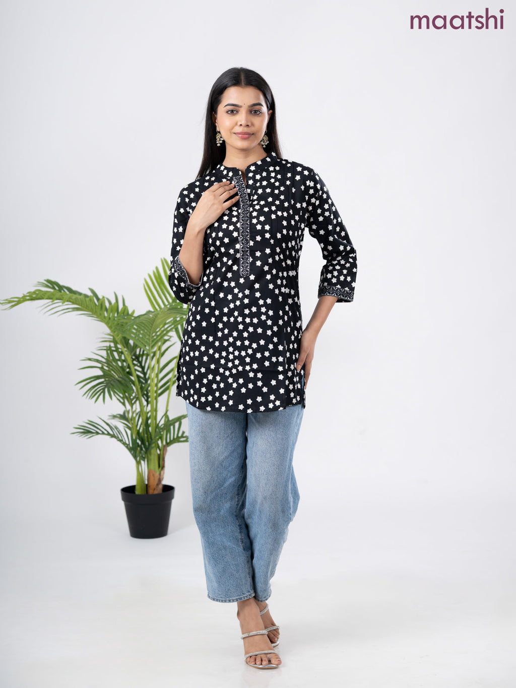 Cotton short kurti black and off white with allover star butta prints & embroidery work neck pattern without pant