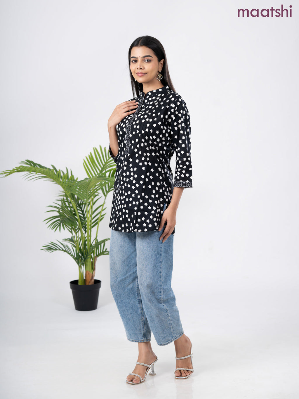 Cotton short kurti black and off white with allover star butta prints & embroidery work neck pattern without pant