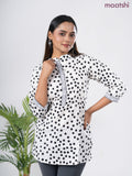 Cotton short kurti off white and black with allover star butta prints & embroidery work neck pattern without pant