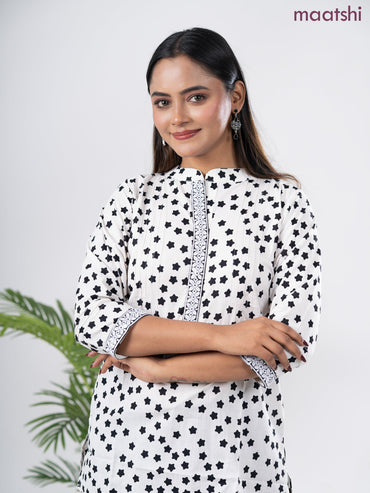 Cotton short kurti off white and black with allover star butta prints & embroidery work neck pattern without pant