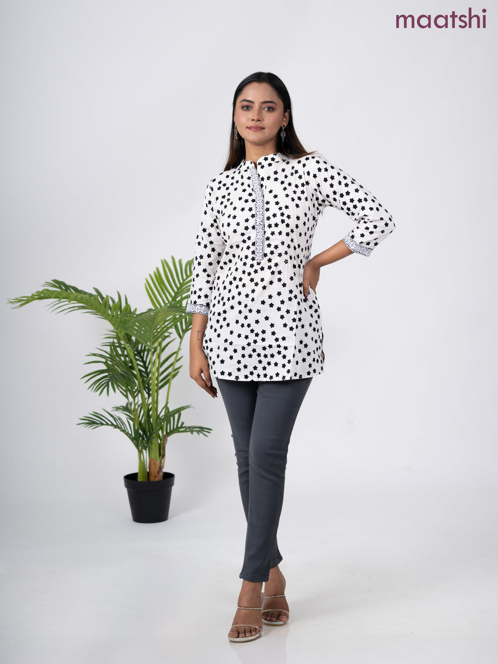 Cotton short kurti off white and black with allover star butta prints & embroidery work neck pattern without pant