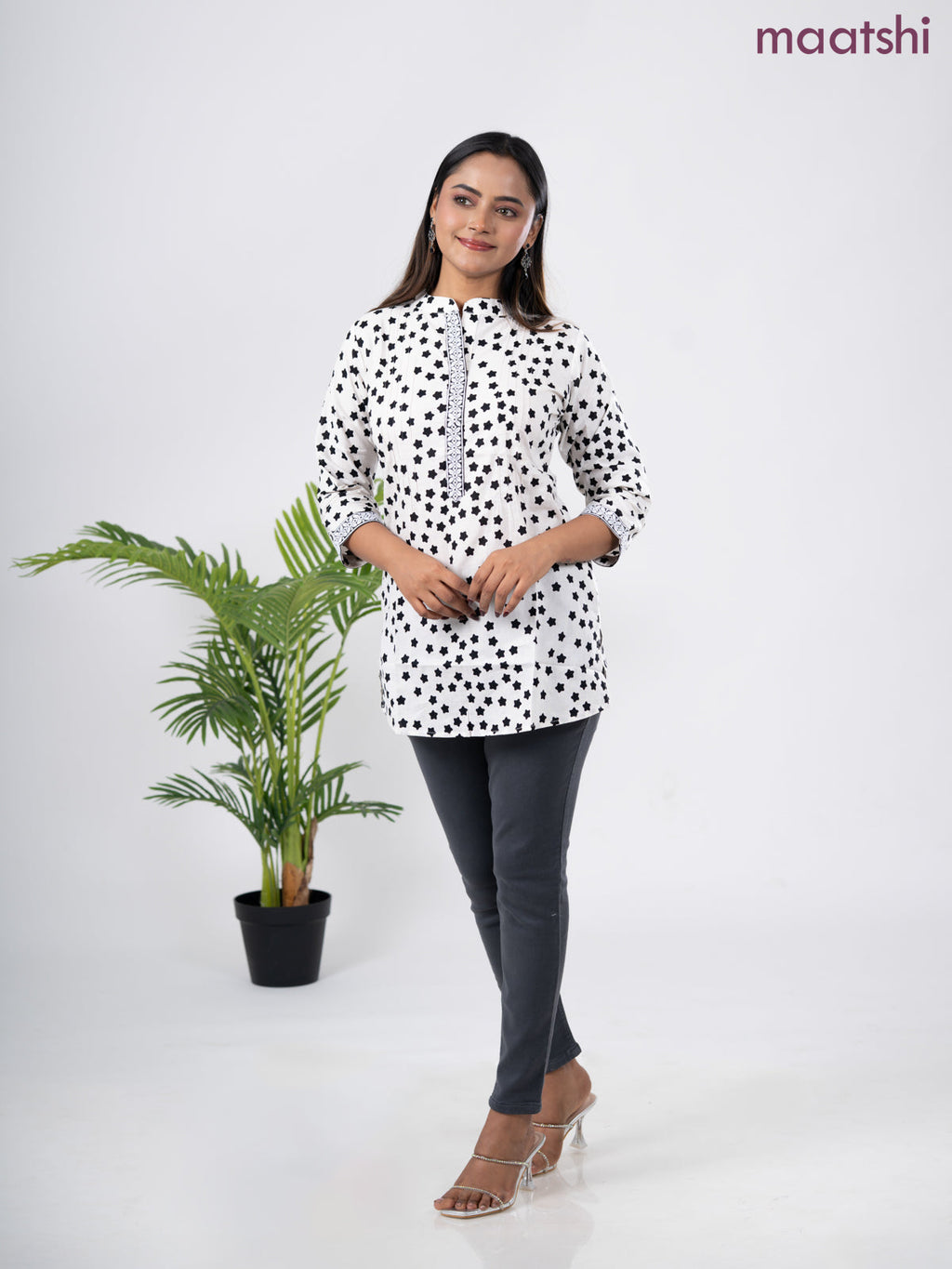 Cotton short kurti off white and black with allover star butta prints & embroidery work neck pattern without pant