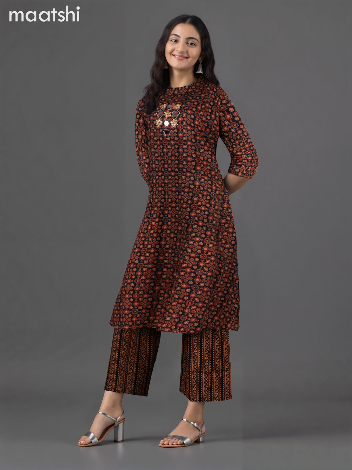 Cotton co-ord set black with allover ajrakh prints & mirror work neck pattern and palazzo pant