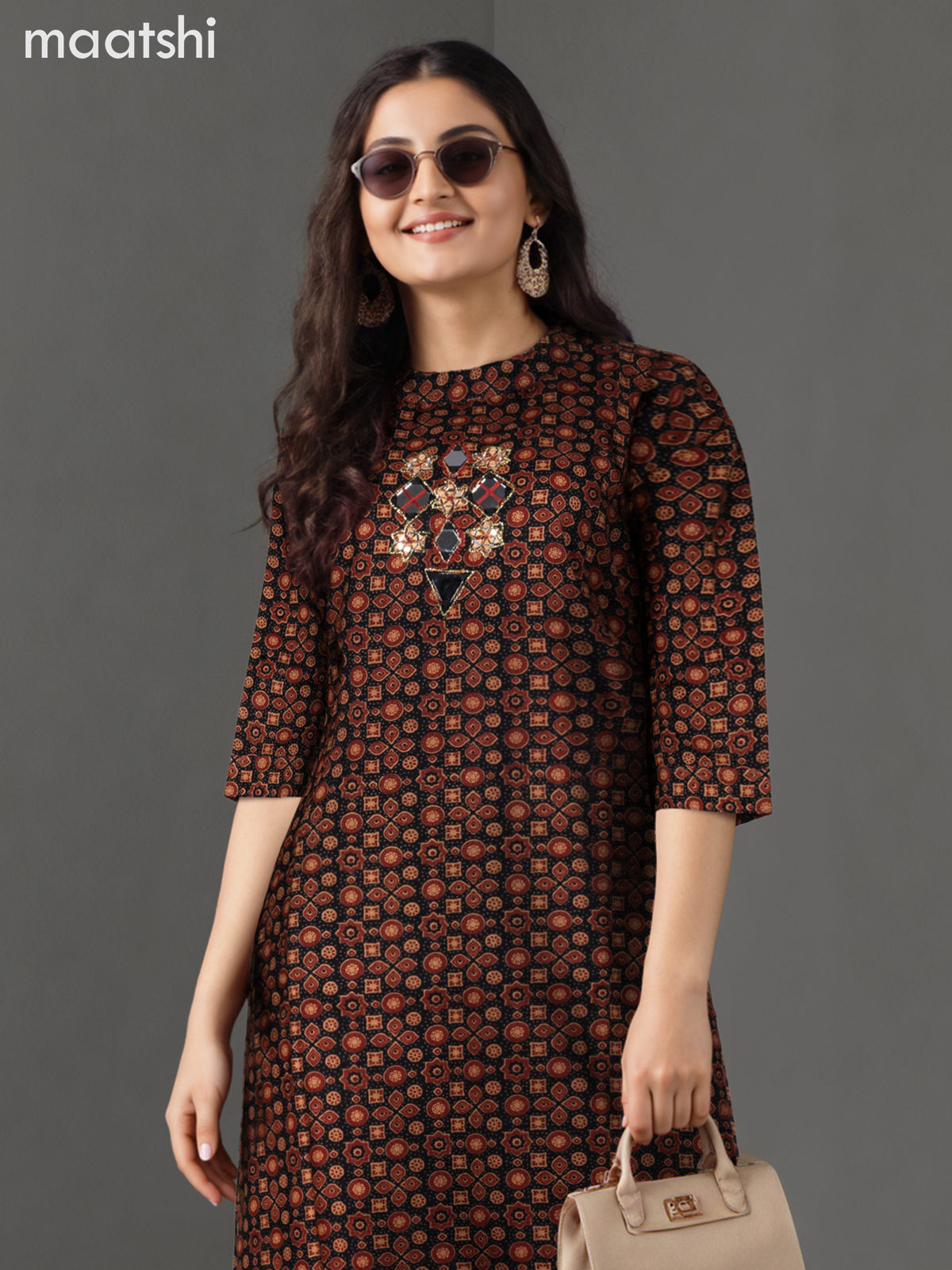 Cotton co-ord set black with allover ajrakh prints & mirror work neck pattern and palazzo pant