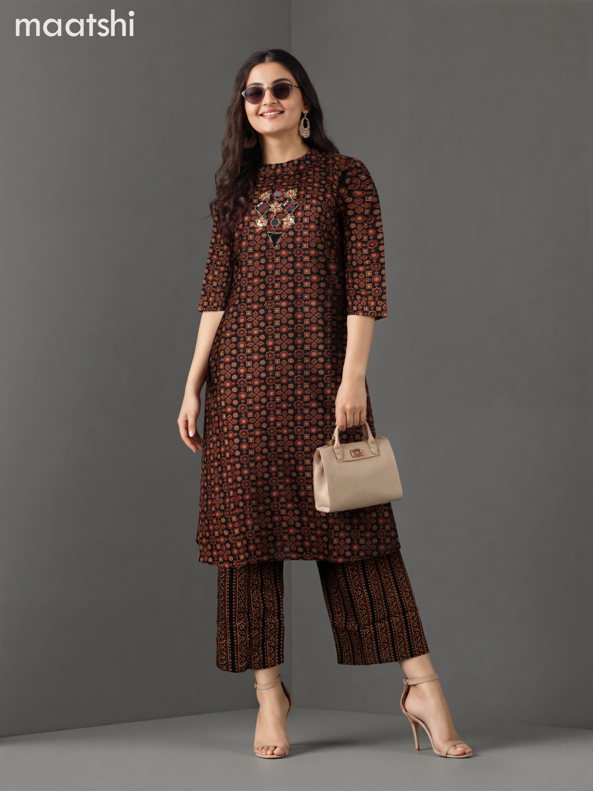 Cotton co-ord set black with allover ajrakh prints & mirror work neck pattern and palazzo pant