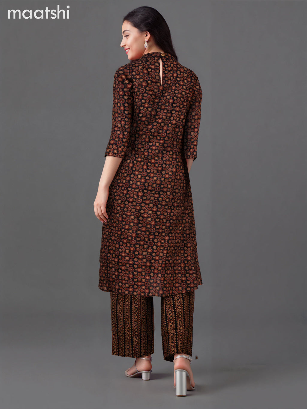Cotton co-ord set black with allover ajrakh prints & mirror work neck pattern and palazzo pant