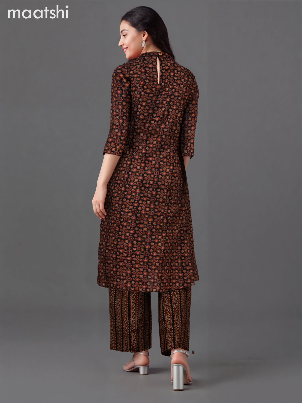 Cotton co-ord set black with allover ajrakh prints & mirror work neck pattern and palazzo pant