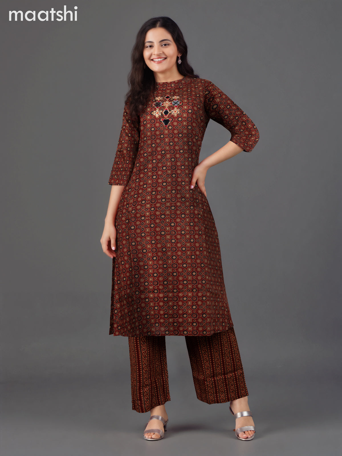 Cotton co-ord set maroon with allover ajrakh prints & mirror work neck pattern and palazzo pant