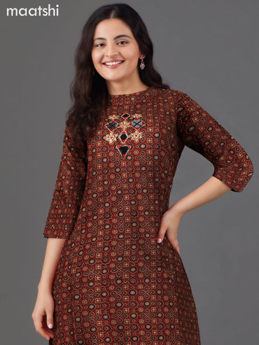 Cotton co-ord set maroon with allover ajrakh prints & mirror work neck pattern and palazzo pant