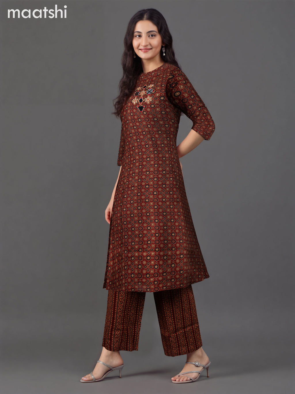 Cotton co-ord set maroon with allover ajrakh prints & mirror work neck pattern and palazzo pant