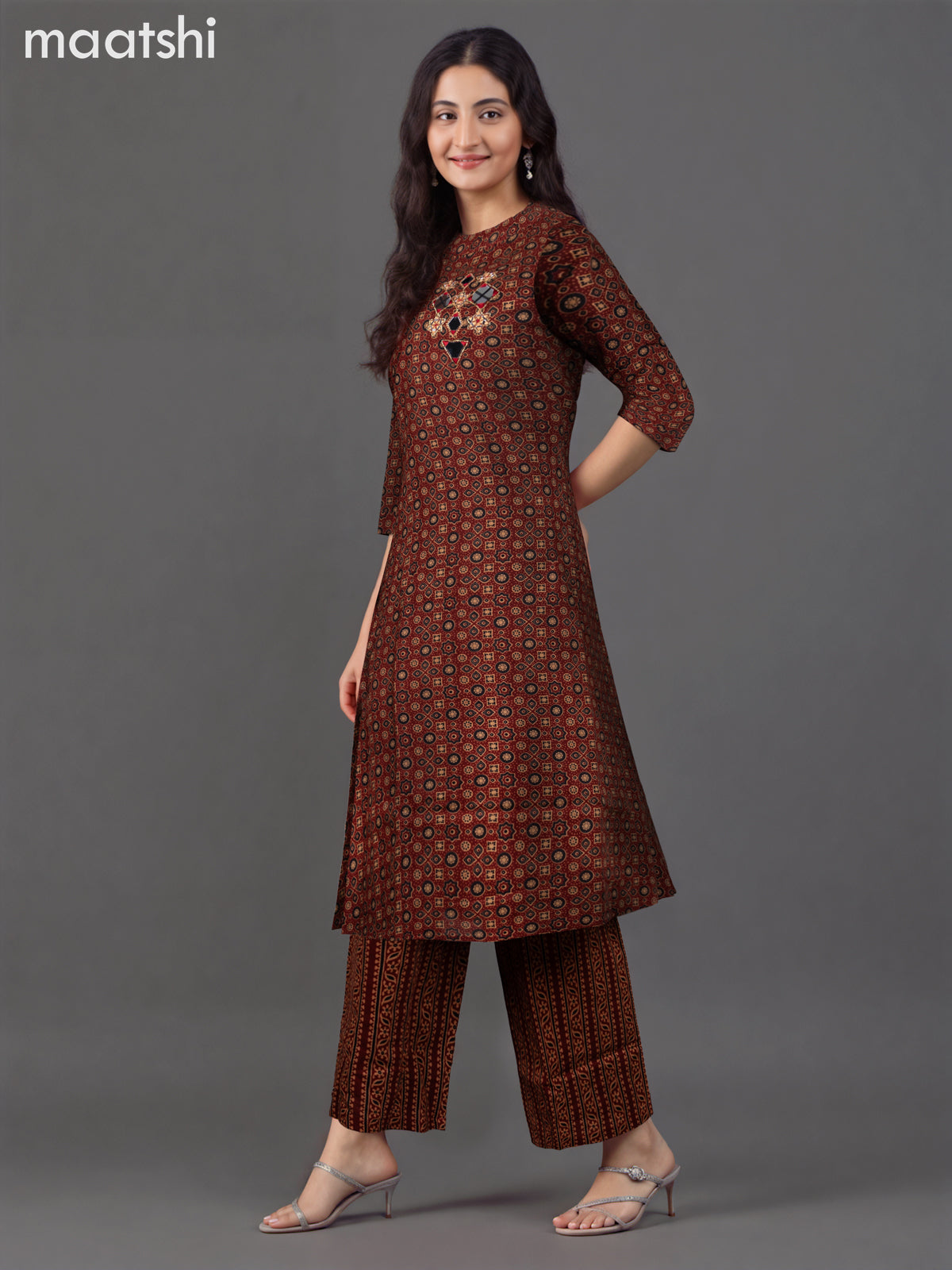 Cotton co-ord set maroon with allover ajrakh prints & mirror work neck pattern and palazzo pant