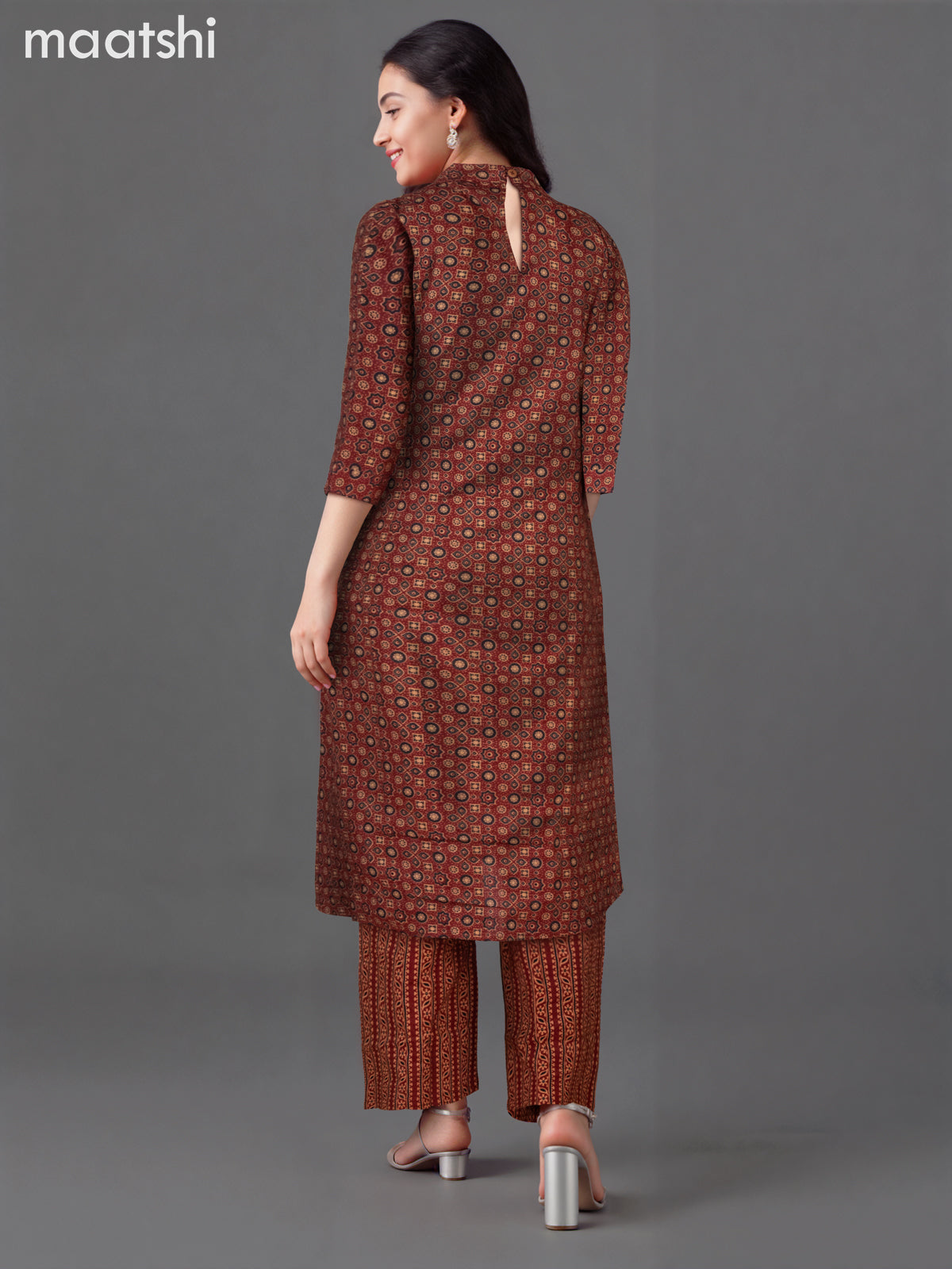 Cotton co-ord set maroon with allover ajrakh prints & mirror work neck pattern and palazzo pant