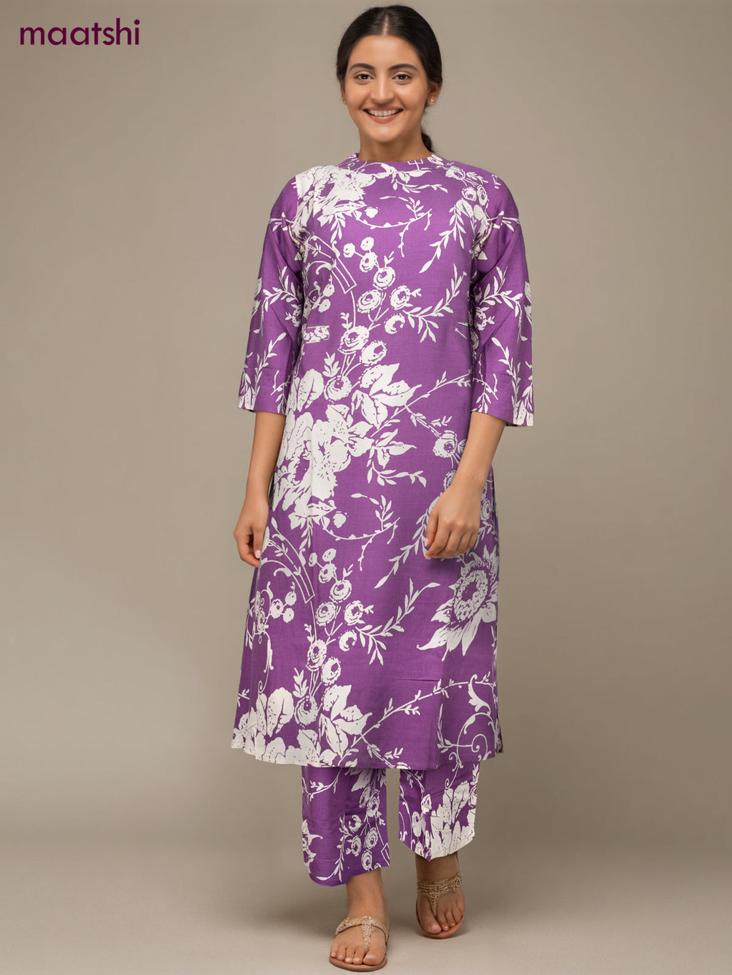 Cotton co-ord set purple and cream with allover floral prints & simple neck pattern and palazzo pant