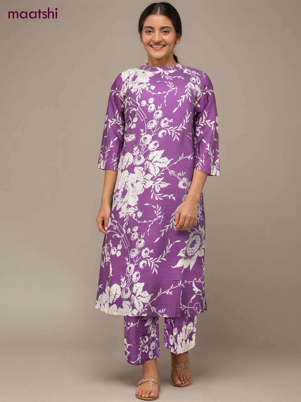 Cotton co-ord set purple and cream with allover floral prints & simple neck pattern and palazzo pant