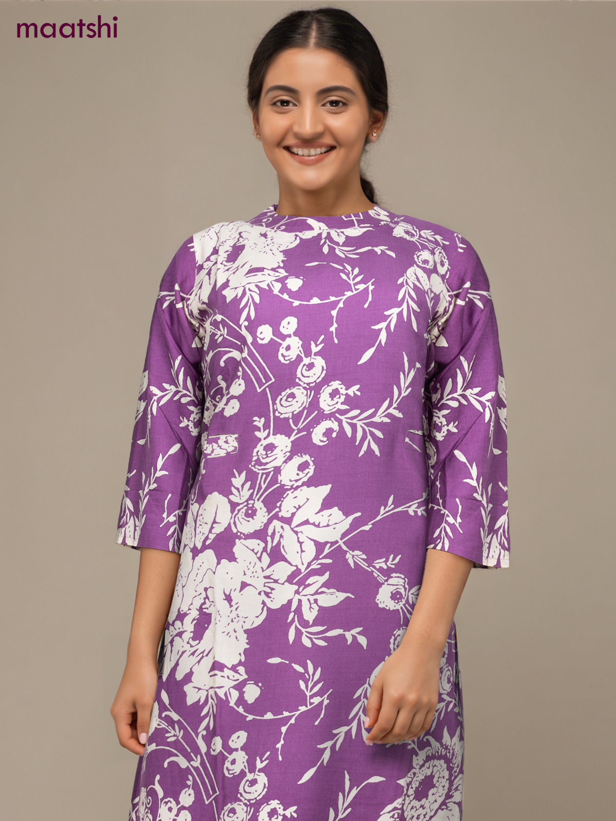 Cotton co-ord set purple and cream with allover floral prints & simple neck pattern and palazzo pant