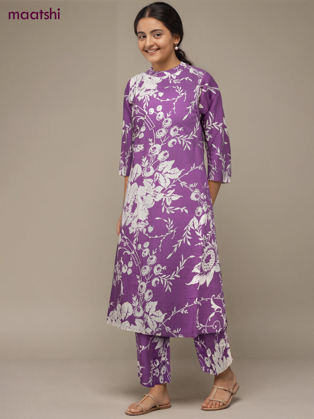 Cotton co-ord set purple and cream with allover floral prints & simple neck pattern and palazzo pant