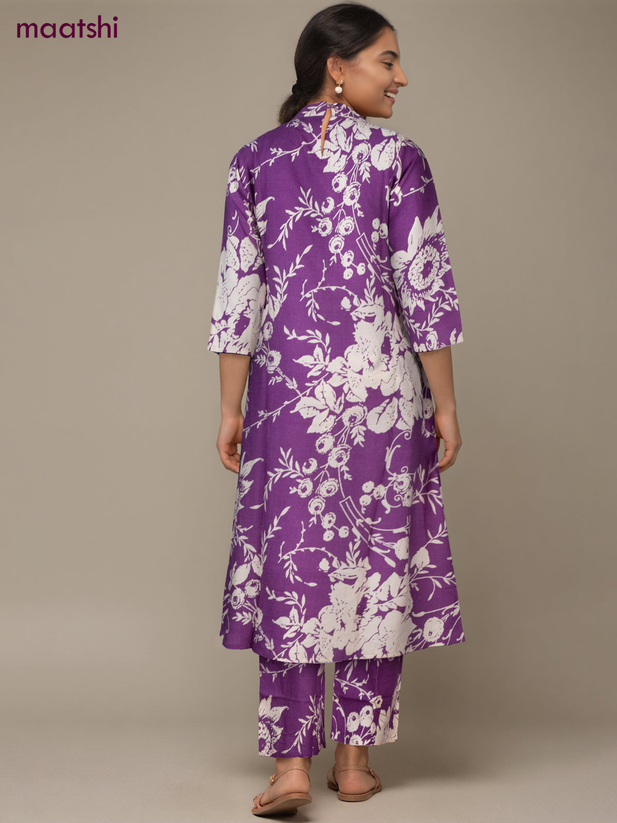Cotton co-ord set purple and cream with allover floral prints & simple neck pattern and palazzo pant