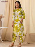 Cotton co-ord set lime green and cream with allover floral prints & simple neck pattern and palazzo pant