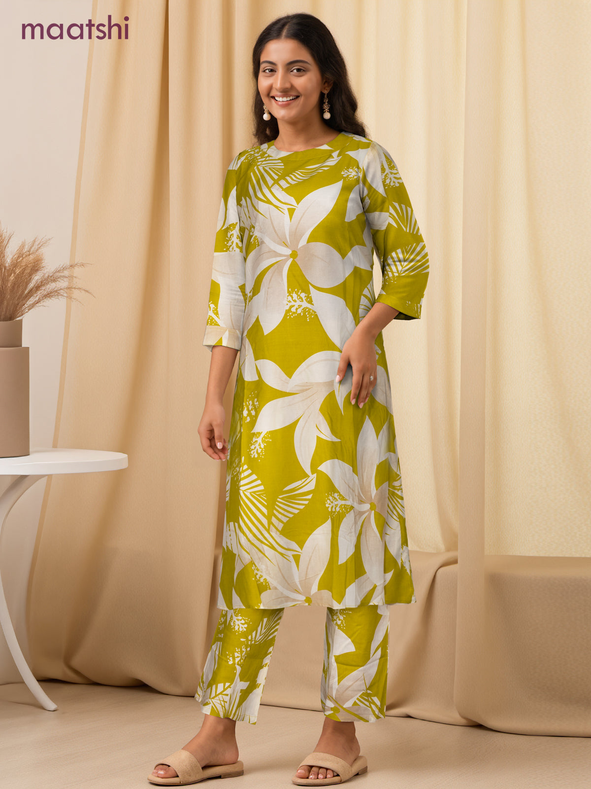 Cotton co-ord set lime green and cream with allover floral prints & simple neck pattern and palazzo pant