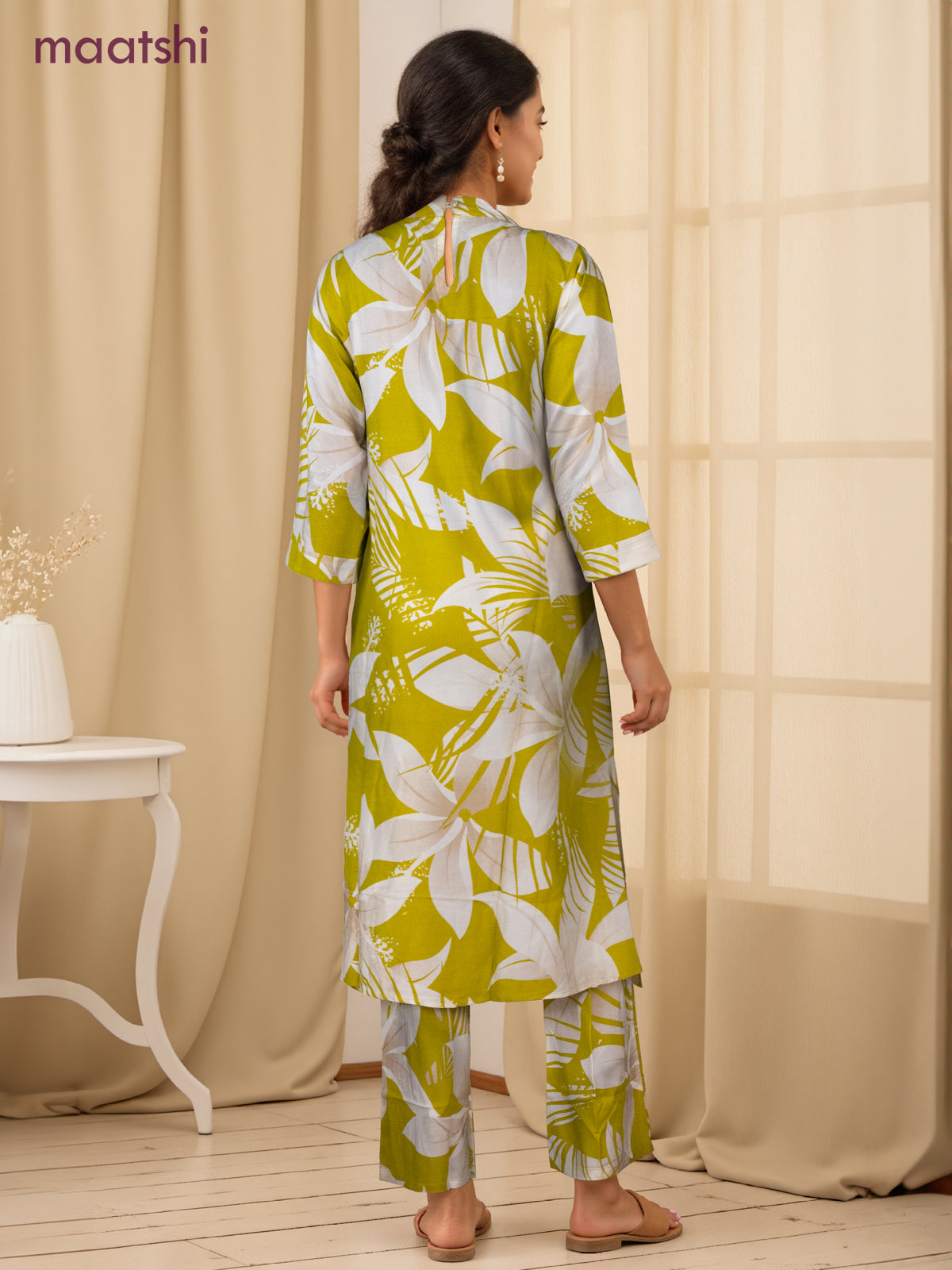 Cotton co-ord set lime green and cream with allover floral prints & simple neck pattern and palazzo pant