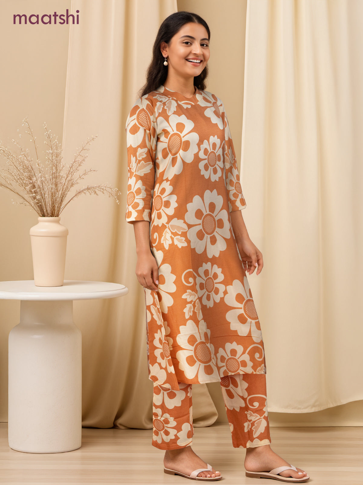 Cotton co-ord set rustic orange and cream with allover floral prints & simple neck pattern and palazzo pant