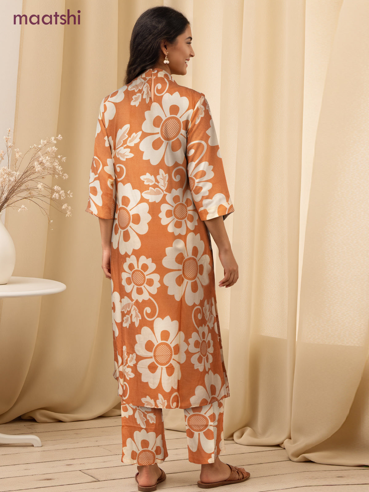Cotton co-ord set rustic orange and cream with allover floral prints & simple neck pattern and palazzo pant