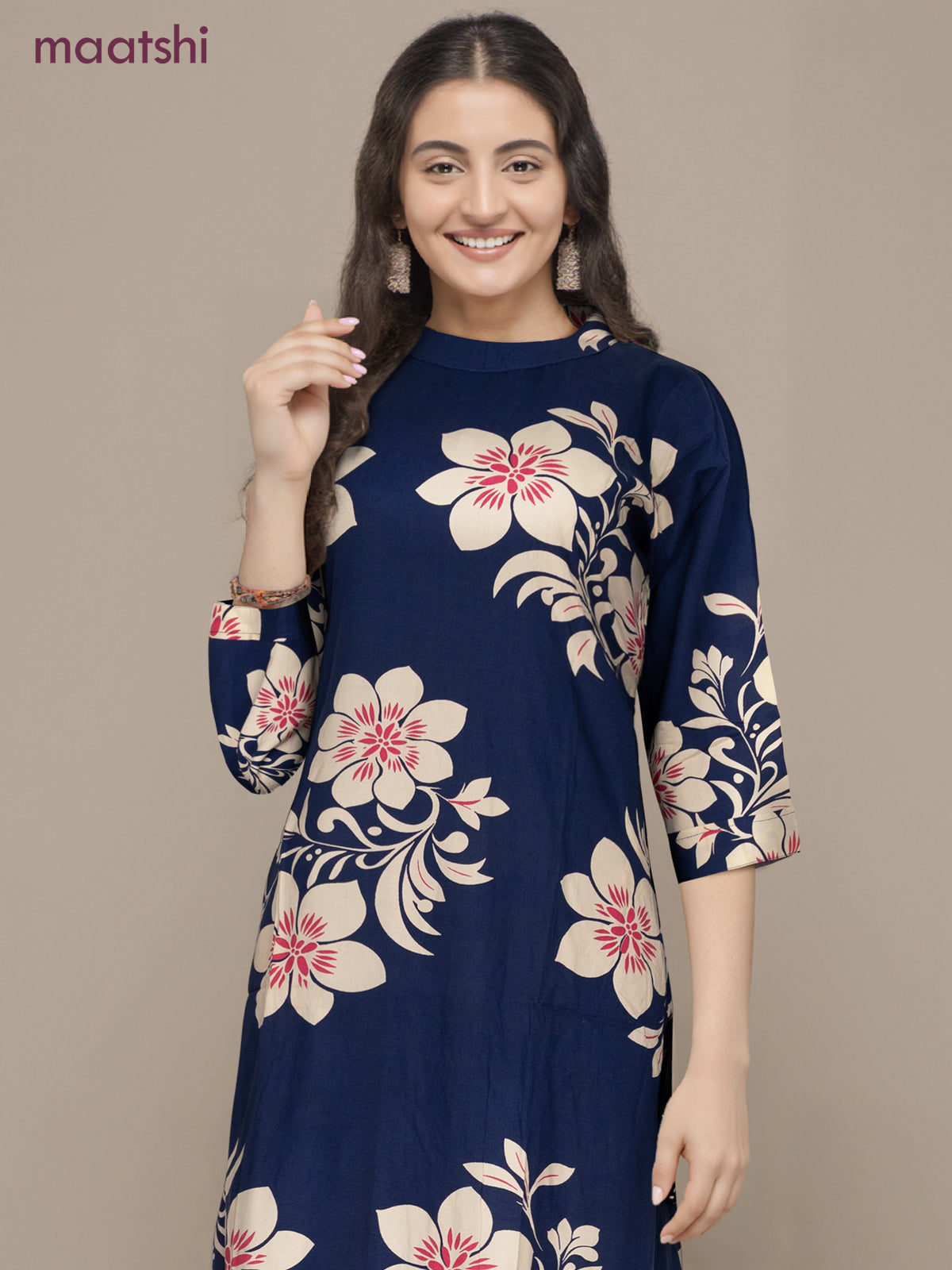 Cotton co-ord set navy blue and cream with allover floral prints & simple neck pattern and palazzo pant