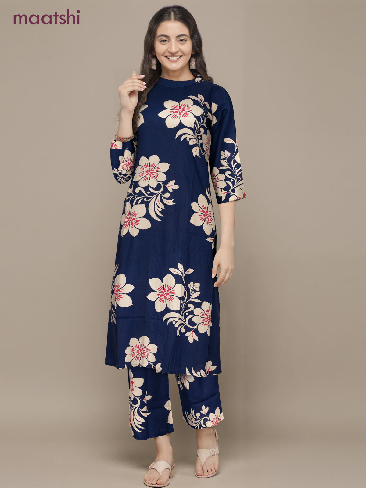 Cotton co-ord set navy blue and cream with allover floral prints & simple neck pattern and palazzo pant