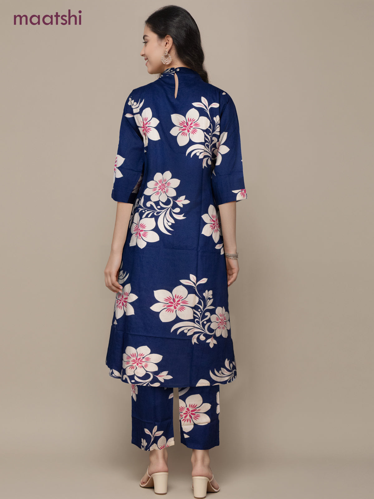 Cotton co-ord set navy blue and cream with allover floral prints & simple neck pattern and palazzo pant