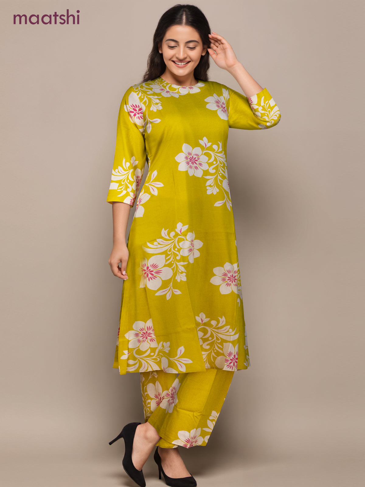 Cotton co-ord set lime yellow and cream with allover floral prints & simple neck pattern and palazzo pant
