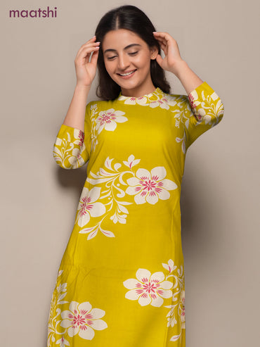 Cotton co-ord set lime yellow and cream with allover floral prints & simple neck pattern and palazzo pant