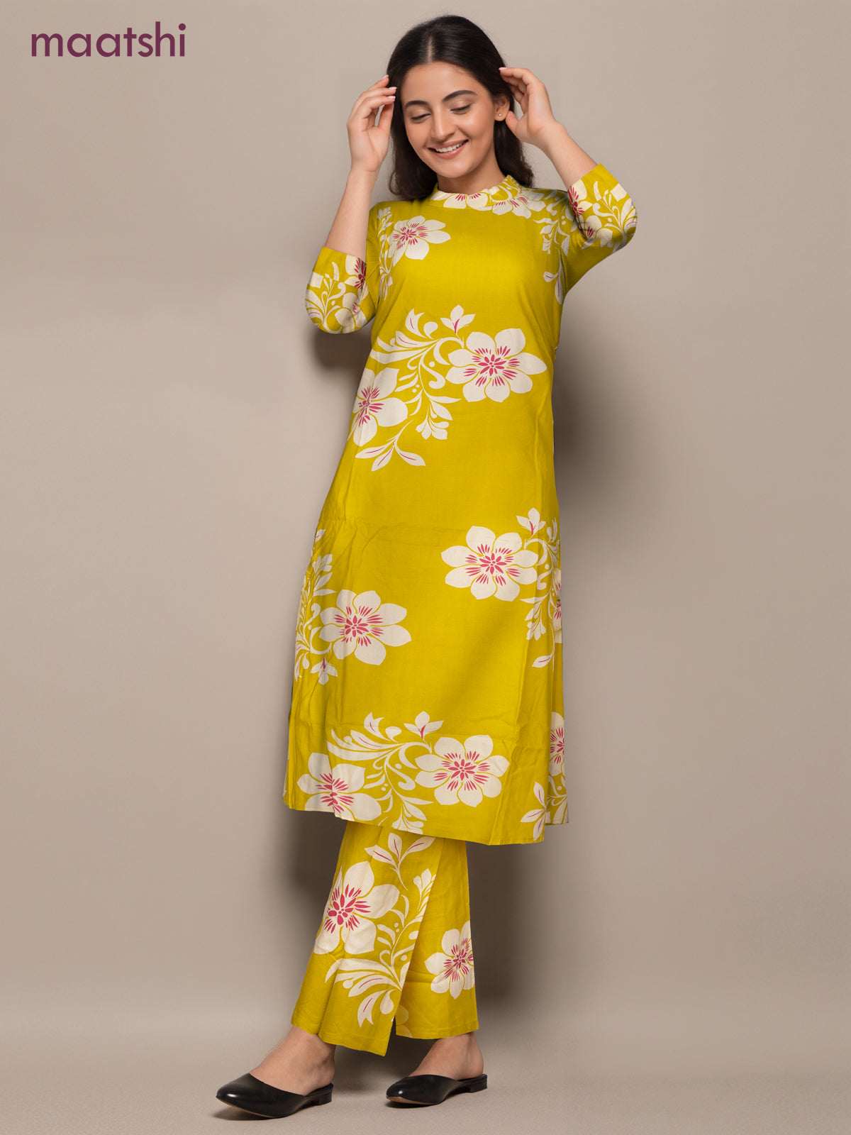 Cotton co-ord set lime yellow and cream with allover floral prints & simple neck pattern and palazzo pant