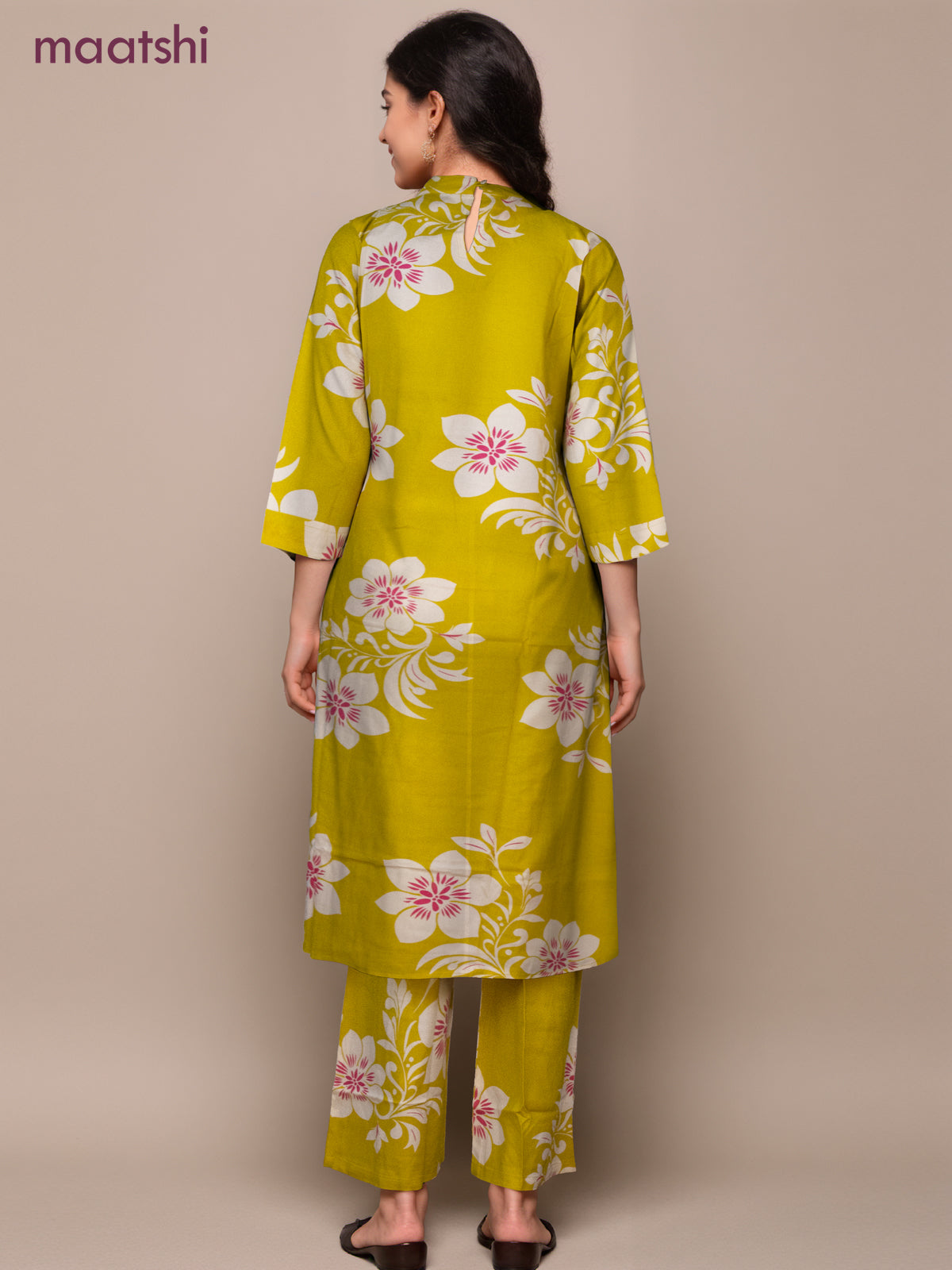 Cotton co-ord set lime yellow and cream with allover floral prints & simple neck pattern and palazzo pant