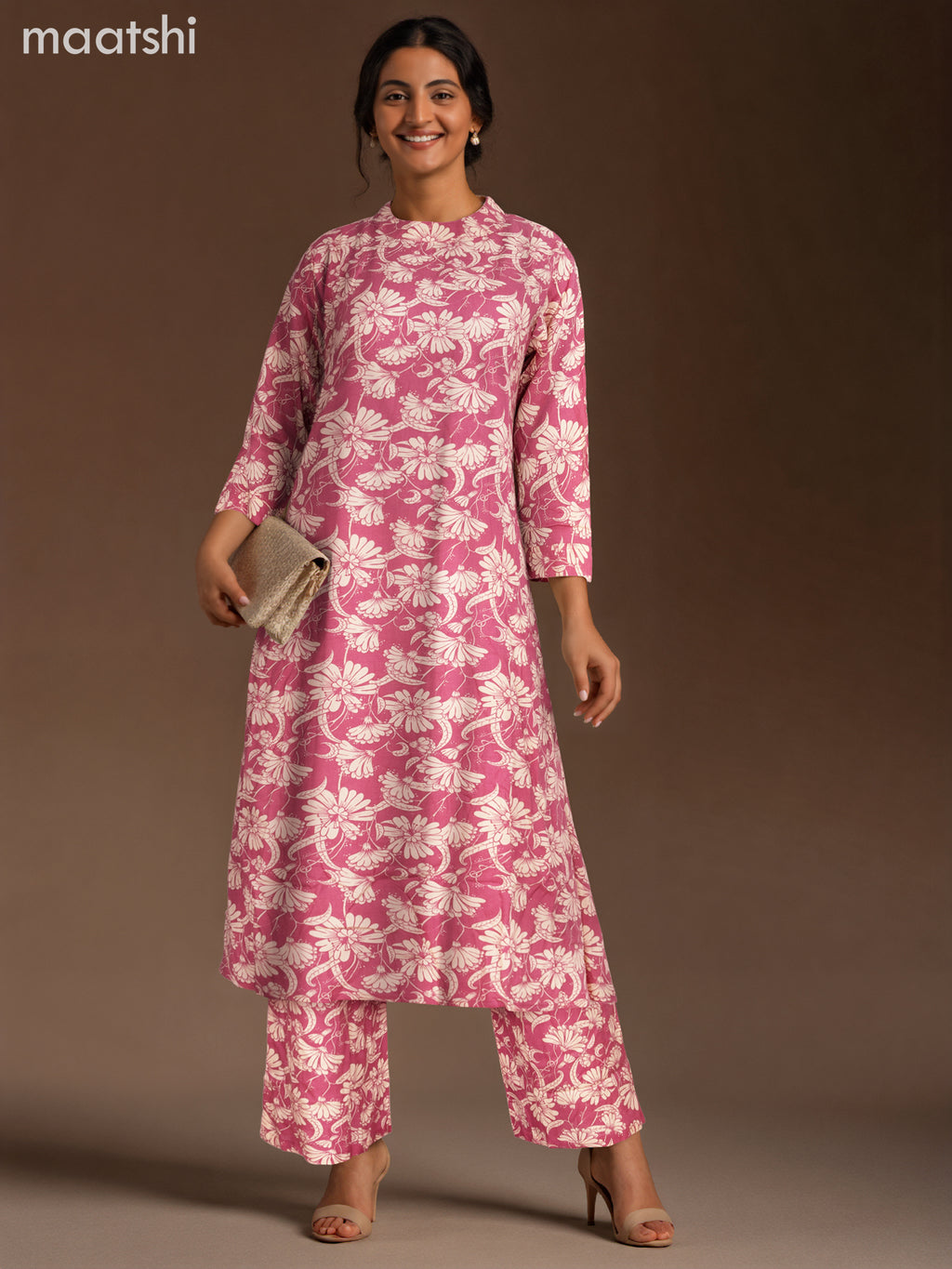 Cotton co-ord set mauve pink and cream with allover floral prints & simple neck pattern and palazzo pant