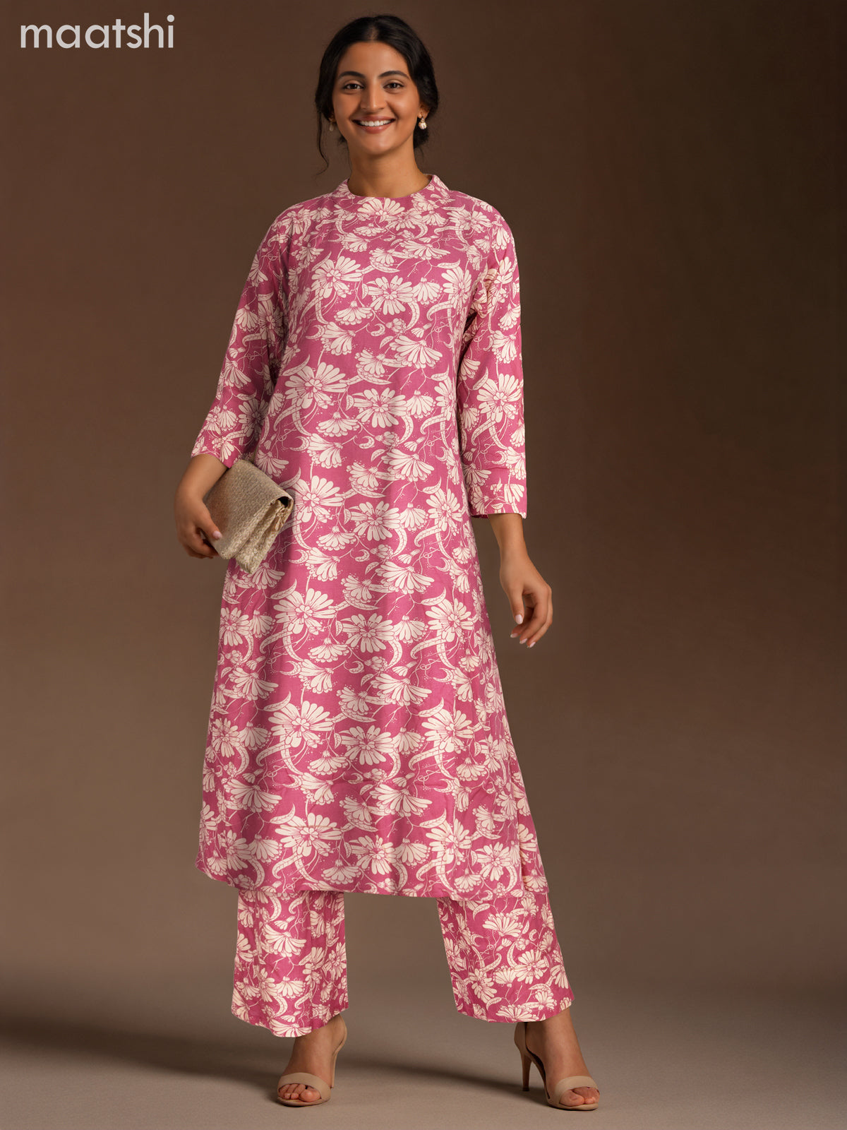 Cotton co-ord set mauve pink and cream with allover floral prints & simple neck pattern and palazzo pant