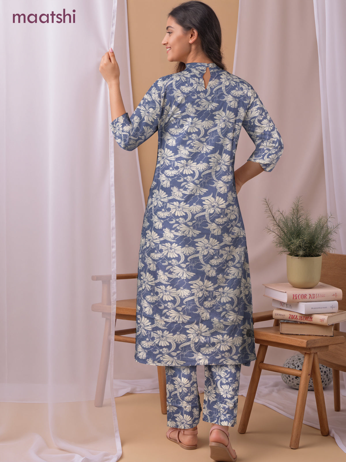 Cotton co-ord set bluish grey and cream with allover floral prints & simple neck pattern and palazzo pant
